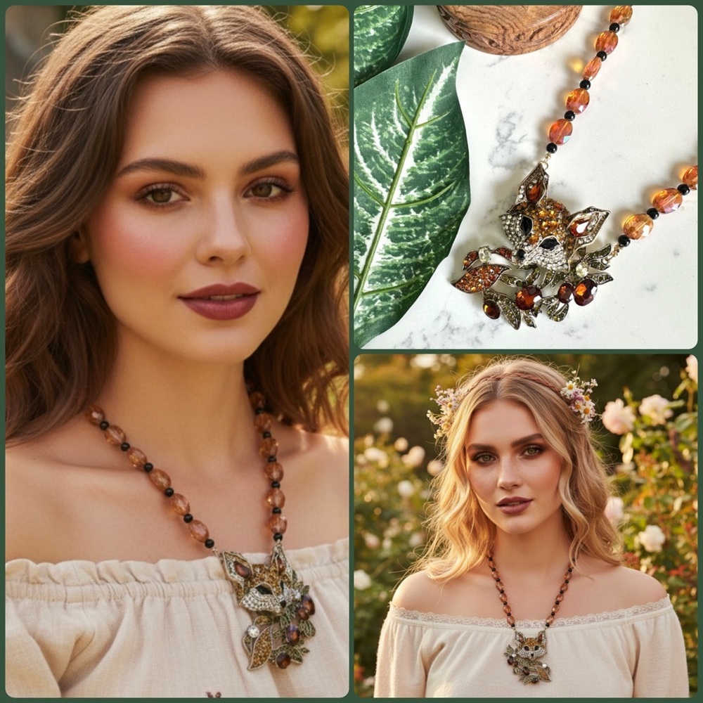 Woodland Fox Rhinestone Necklace Beaded Large Statement Leaves Jewelry NEW